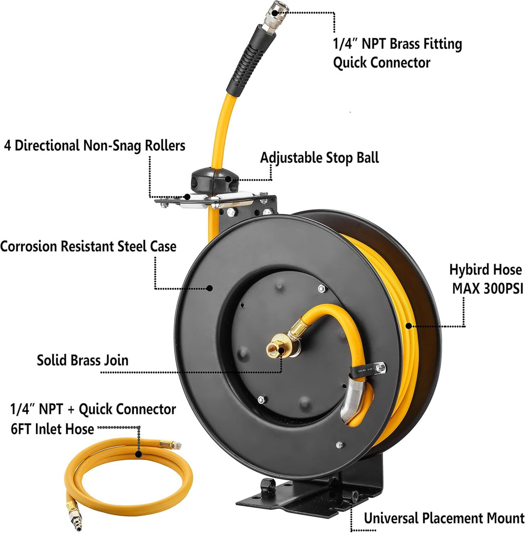 Steel Retractable Air Hose Reel 3/8" Inch x 50' Feet Hybrid Polymer Hose J651798