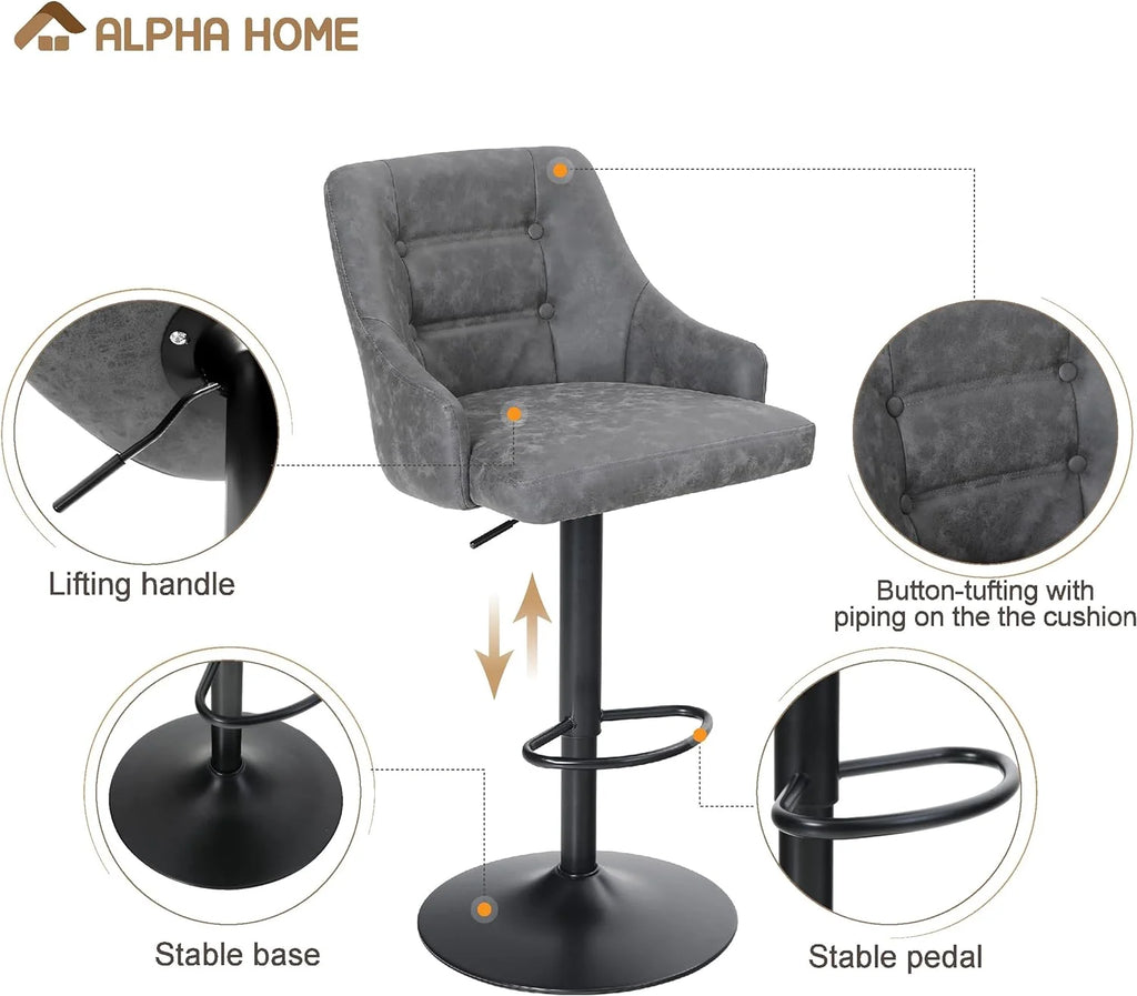 Grey PU Leather Adjustable Swivel Bar Stool with Padded Back and Black Chromed Metal Base S10257