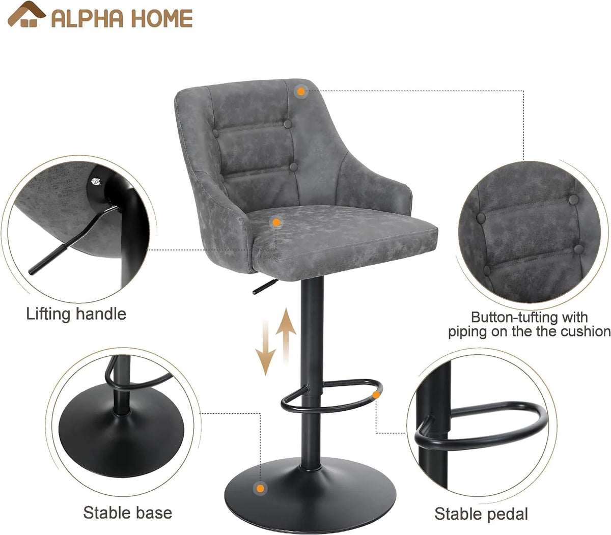 Grey PU Leather Adjustable Swivel Bar Stool with Padded Back and Black Chromed Metal Base S10257
