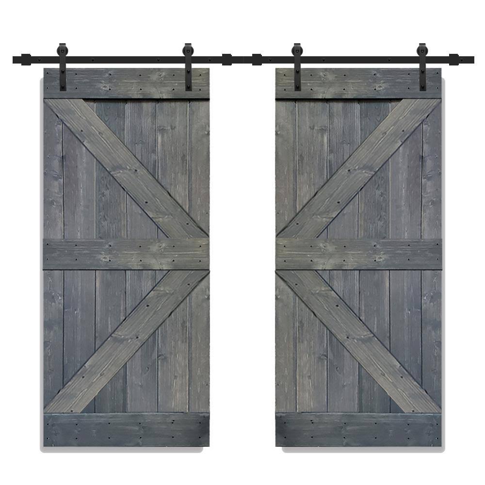 Gray Stained Solid Knotty Pine Wood Double Interior Sliding Barn Doors with Hardware Kit X888