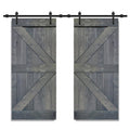 Gray Stained Solid Knotty Pine Wood Double Interior Sliding Barn Doors with Hardware Kit X888