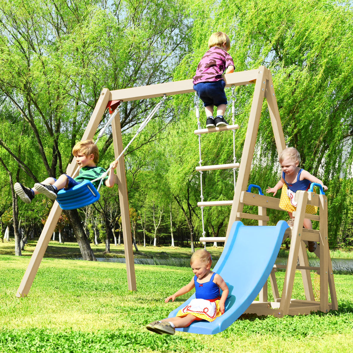 Wooden Swing Set with Slide and Climbing Rope F801415