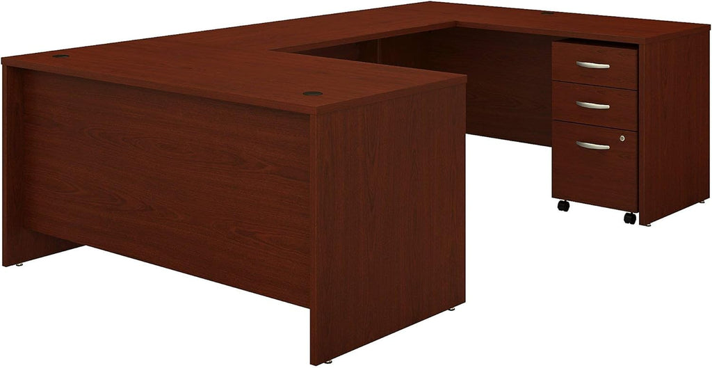 60W U Shaped Desk with 3 Drawer Mobile File Cabinet, Hansen Cherry M637154