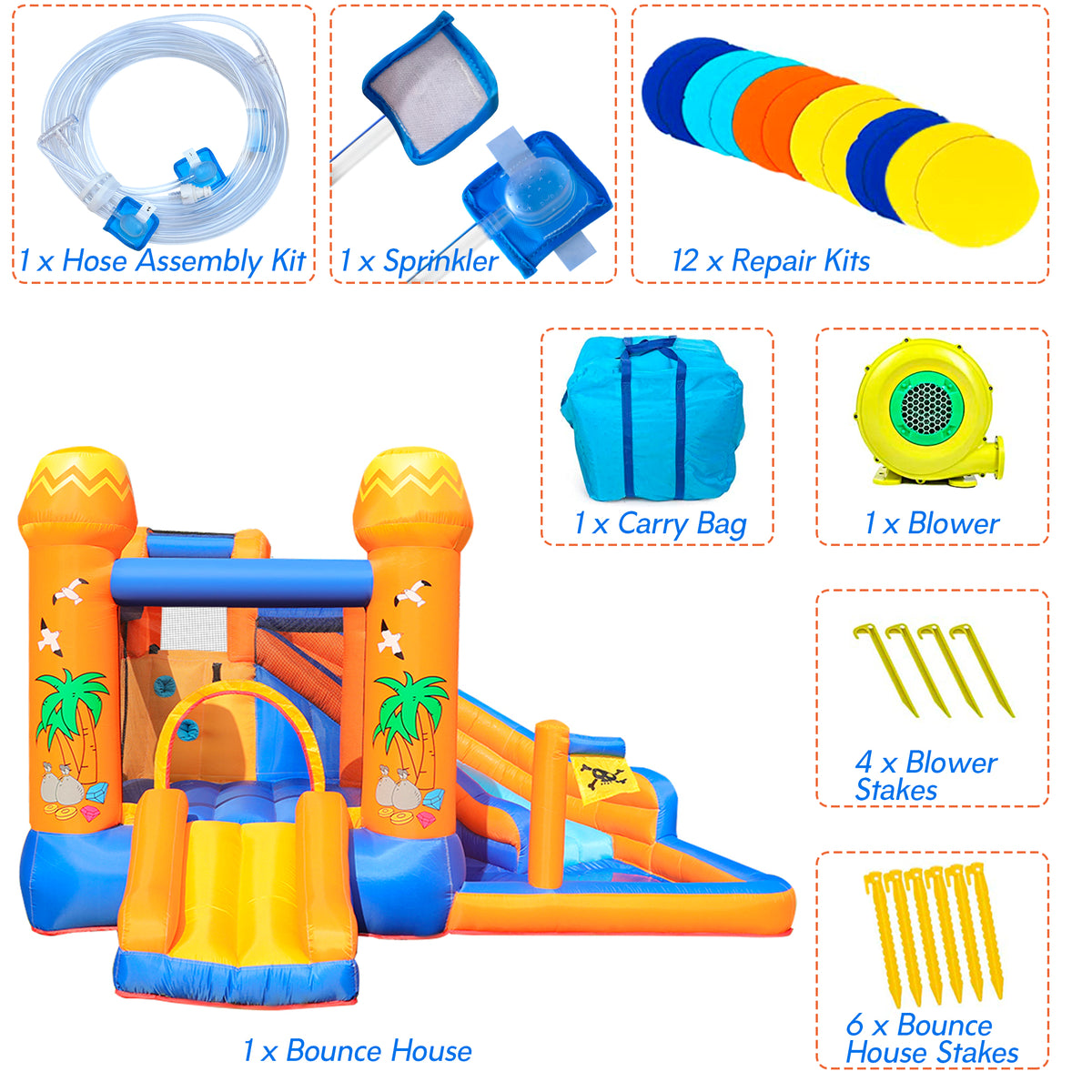 Inflatable Bounce House with 450W Blower, Stakes, Water Sprinkler, Splash Pool G9979