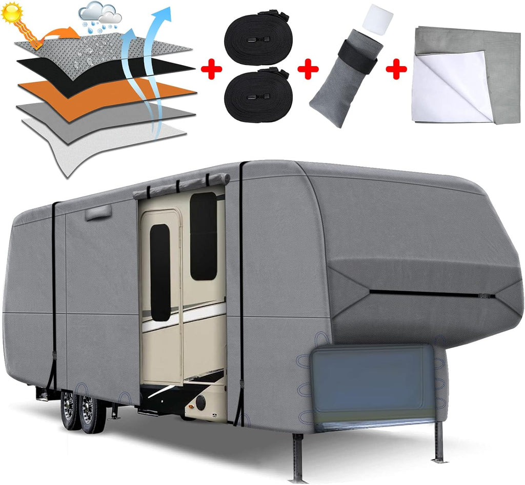 5th Wheel RV Cover Heavy Duty Camper Cover with 2Pcs Straps & Gutter Covers R354