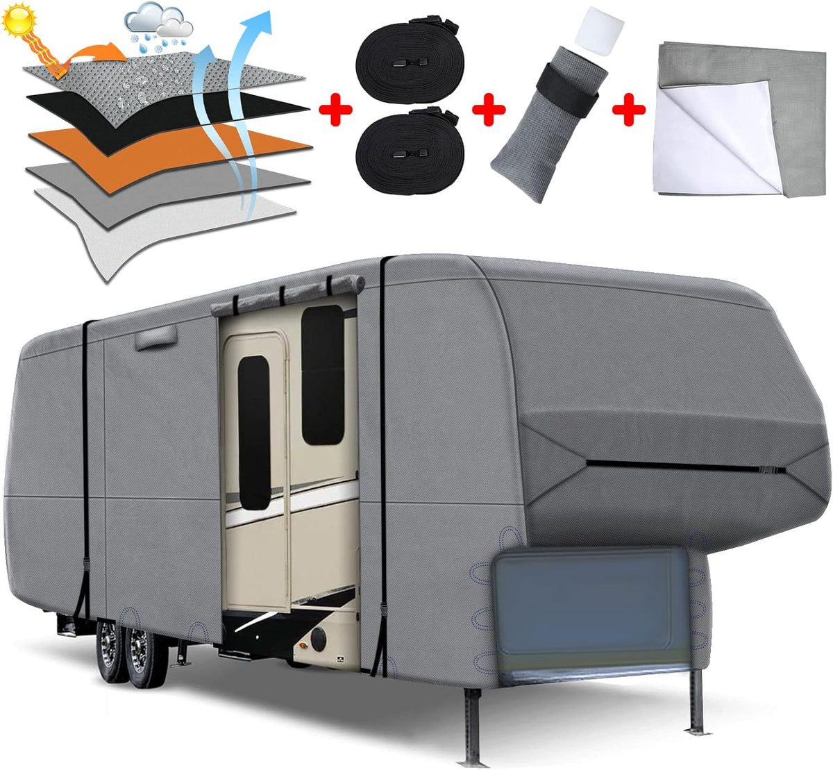 5th Wheel RV Cover Heavy Duty Camper Cover with 2Pcs Straps & Gutter Covers R354