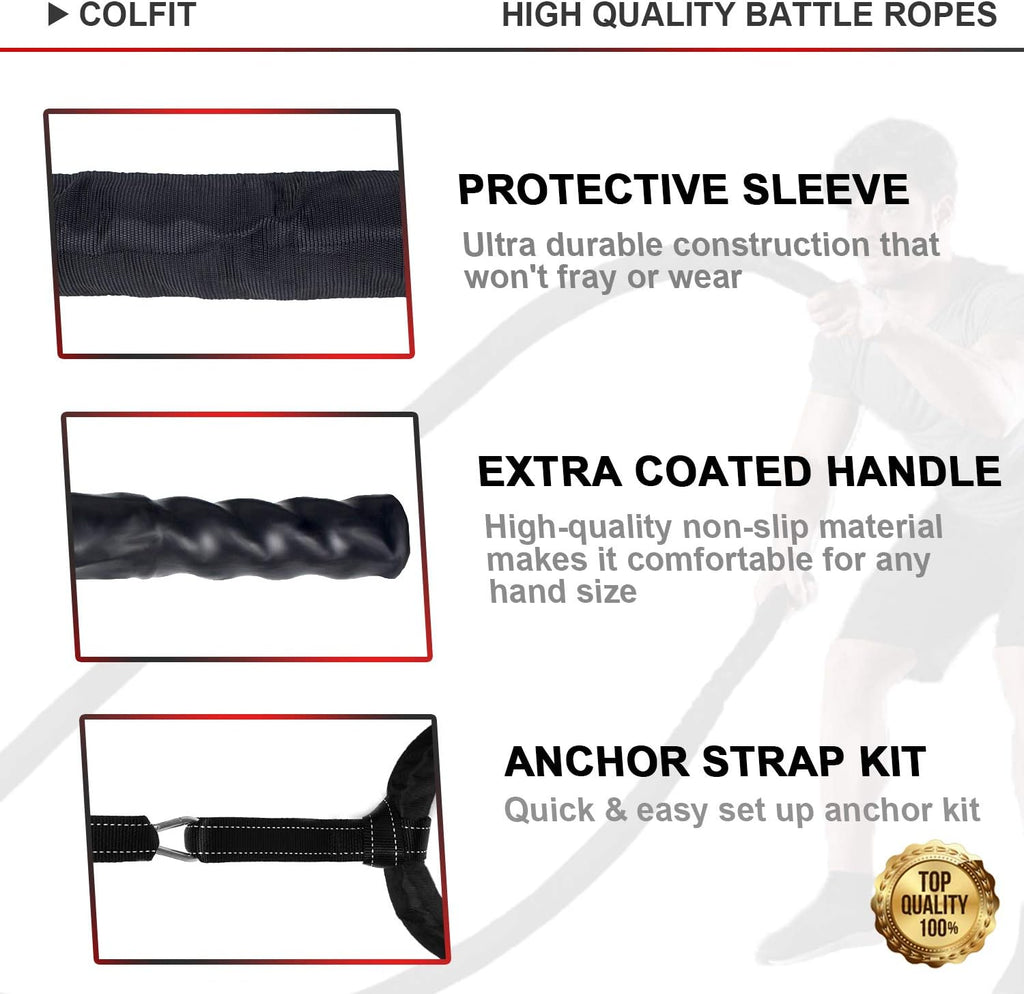Battle Ropes with Anchor Kit, Poly Dacron Heavy Workout Ropes with Protective Cover Y995