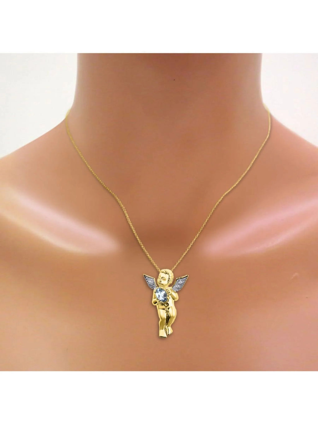 Yellow Gold Plated Silver Hugs & Kisses Angel Necklace, Tennis Bracelet, & Ring Adjustable 7"-8" Wrist & 18" Chain Aquamarine Birthstone Jewelry N1275