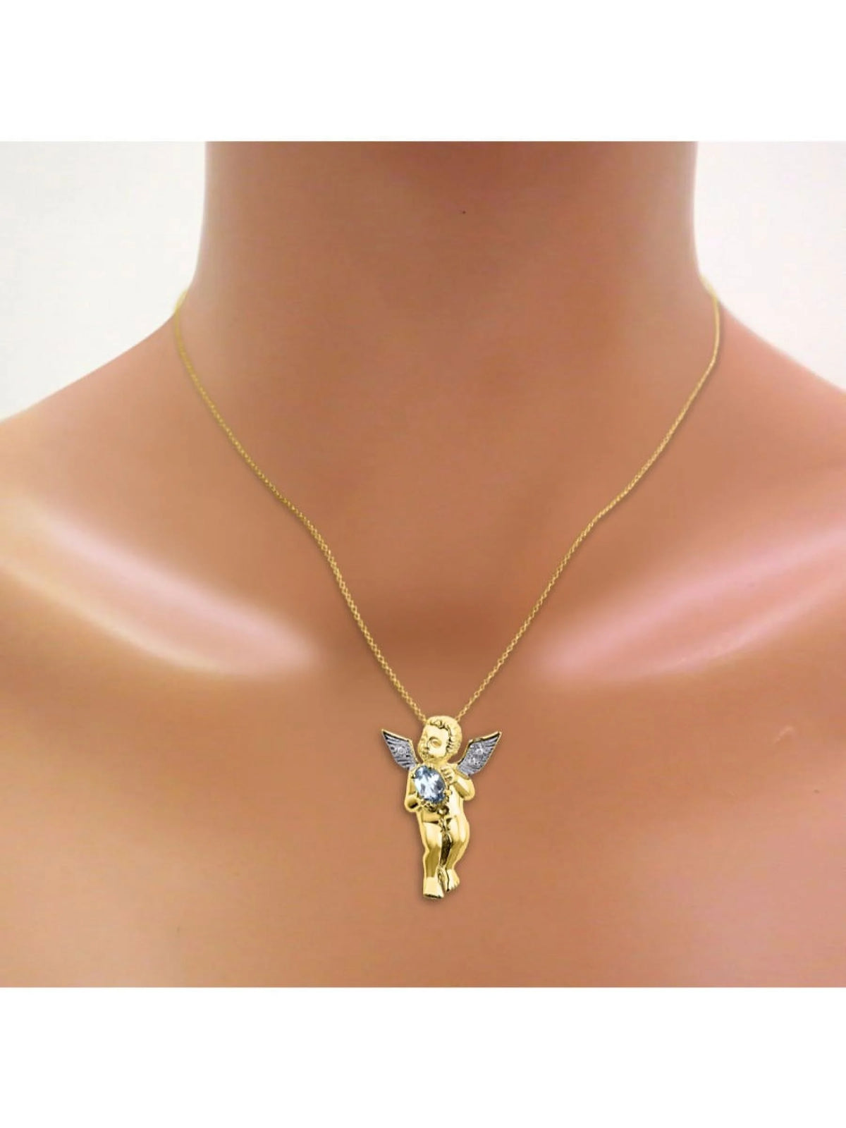 Yellow Gold Plated Silver Hugs & Kisses Angel Necklace, Tennis Bracelet, & Ring Adjustable 7"-8" Wrist & 18" Chain Aquamarine Birthstone Jewelry N1275