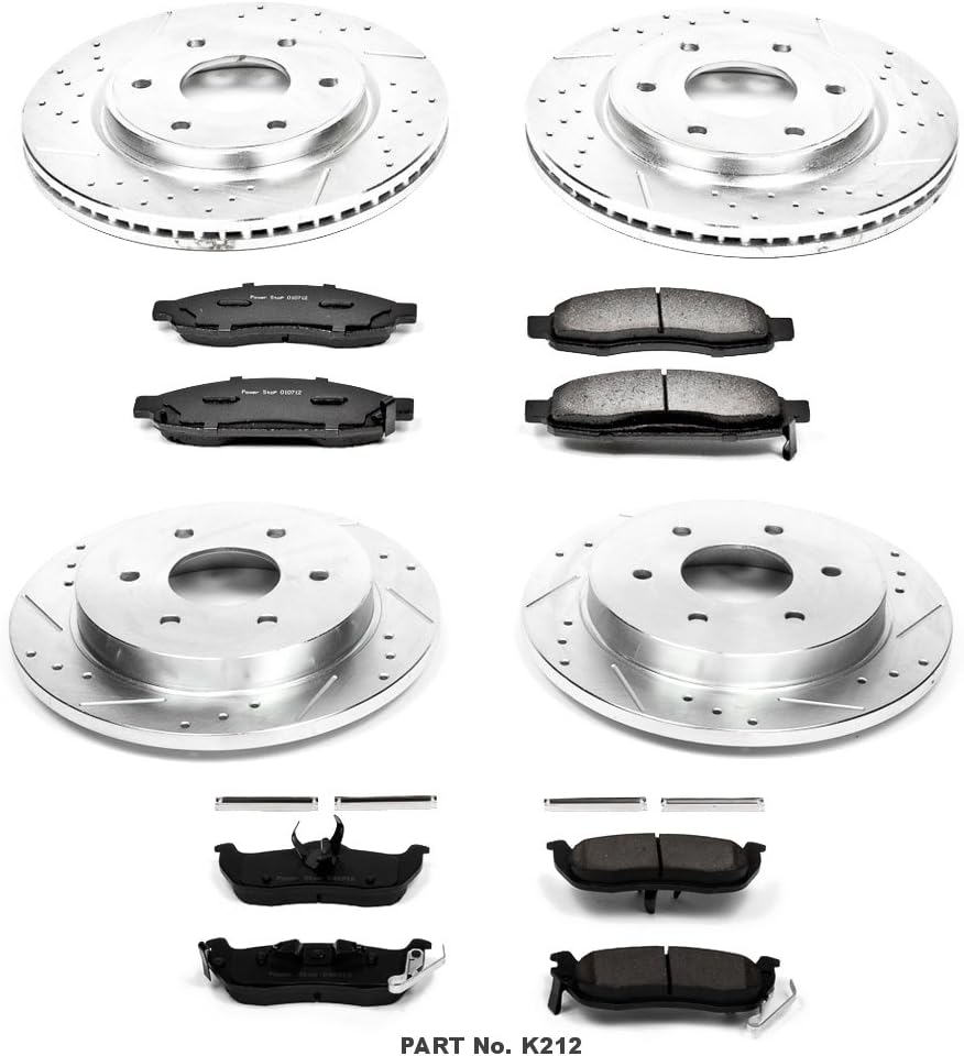 Front and Rear Carbon Fiber Brake Pads with Drilled & Slotted Brake Rotors Kit B2932