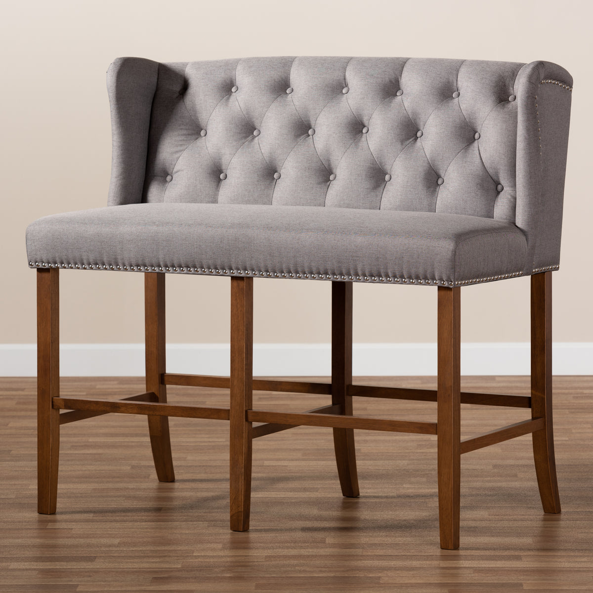 Grey Fabric Upholstered Walnut Finished Wood Button Tufted Bar Stool Bench F387