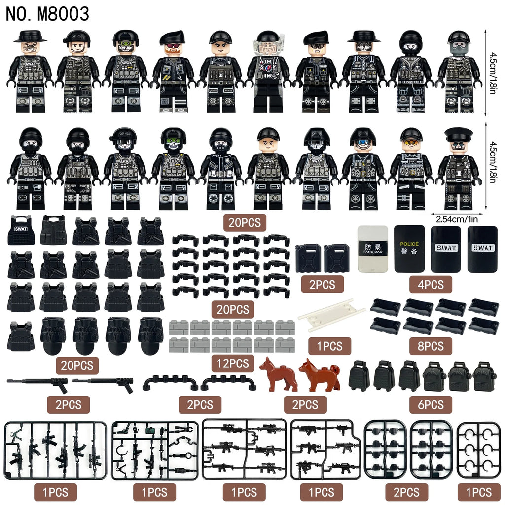 20 Pcs City Police Action Figures Building Blocks Set with Combat Equipment and Dogs D94980