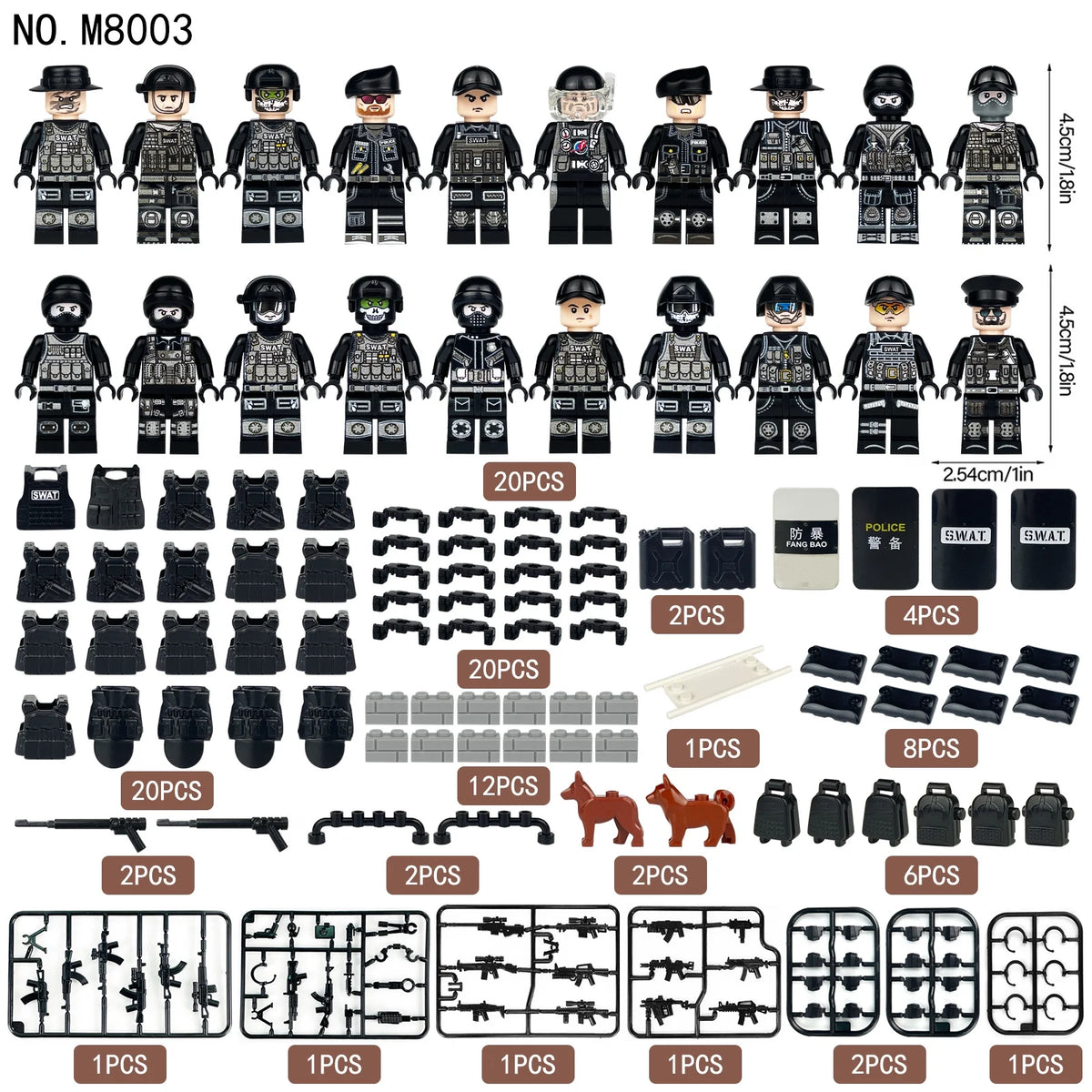 20 Pcs City Police Action Figures Building Blocks Set with Combat Equipment and Dogs D94980