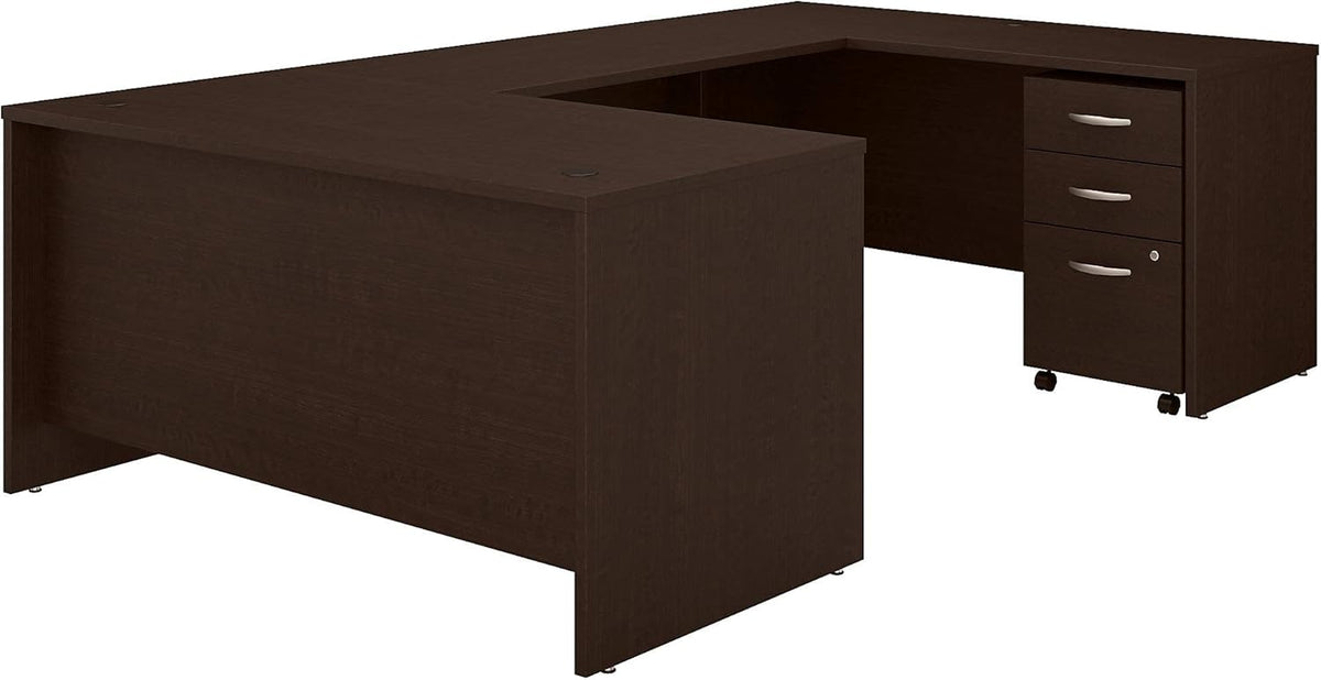 60W U Shaped Desk with 3 Drawer Mobile File Cabinet, Hansen Cherry M637154