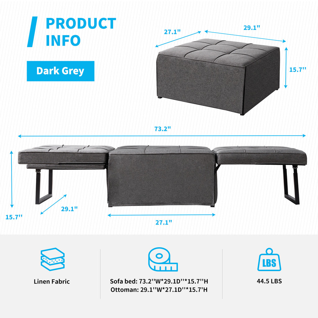 Dark Gray Linen Convertible Sofa Sleeper with Ottoman U215
