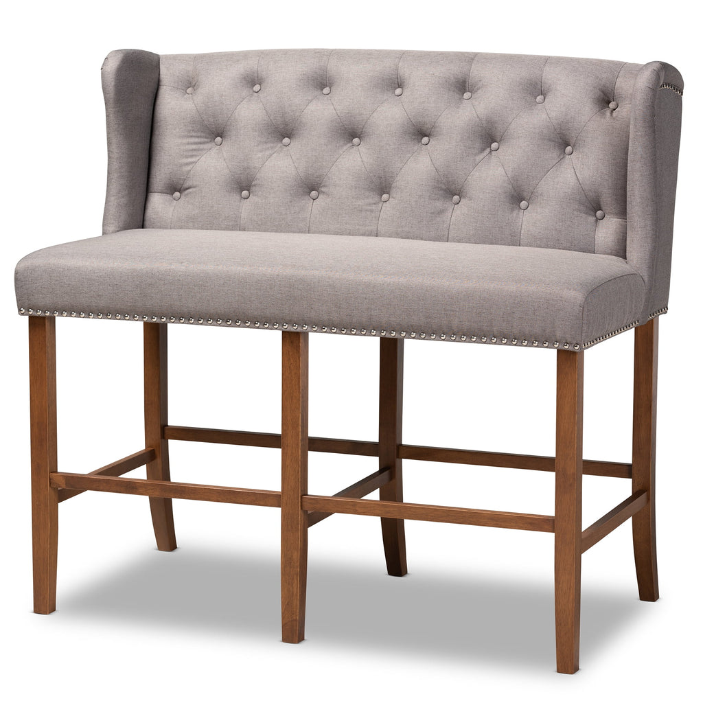 Grey Fabric Upholstered Walnut Finished Wood Button Tufted Bar Stool Bench F387