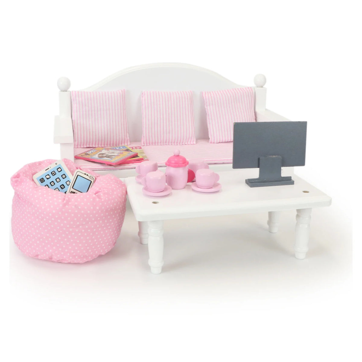 18" Dolls Wood Sofa & Coffee Table with Accessories D72027