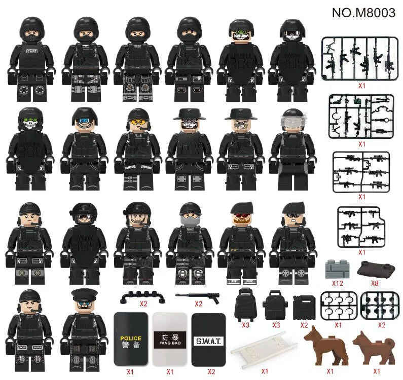 20 Pcs City Police Action Figures Building Blocks Set with Combat Equipment and Dogs D94980