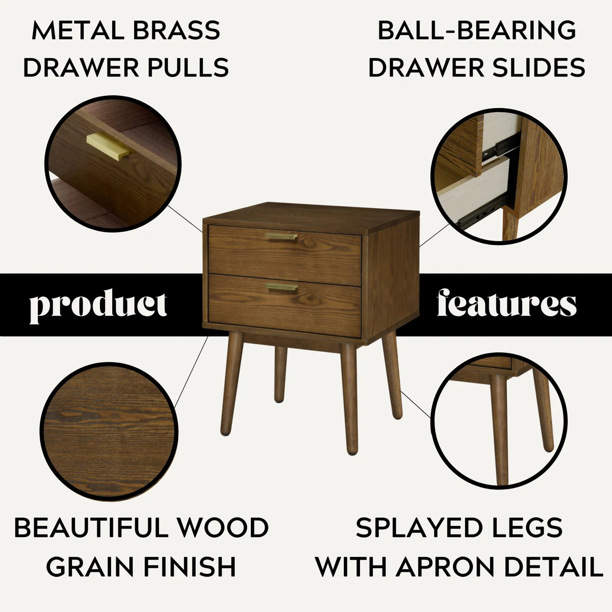 Walnut & Gold Two Drawer Nightstand O746612