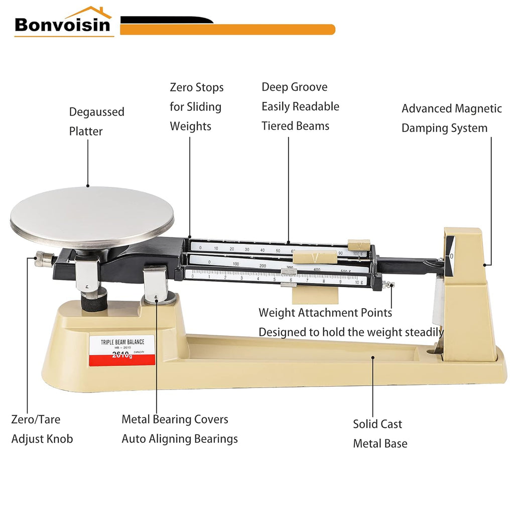 Triple Beam Scale Mechanical Balance 2610g/0.1g with Stainless Steel Platter P15075