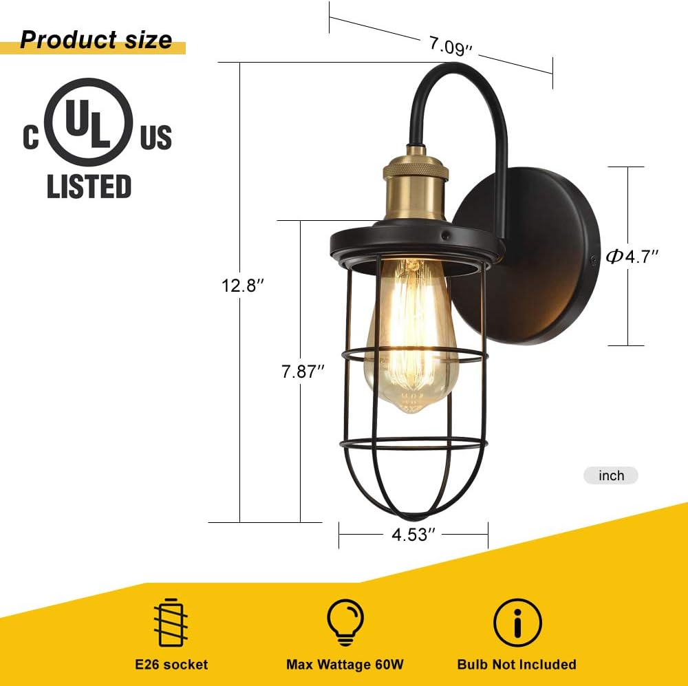 Farmhouse Wall Sconces with Cage Shade, Black and Gold, Set of Two N129