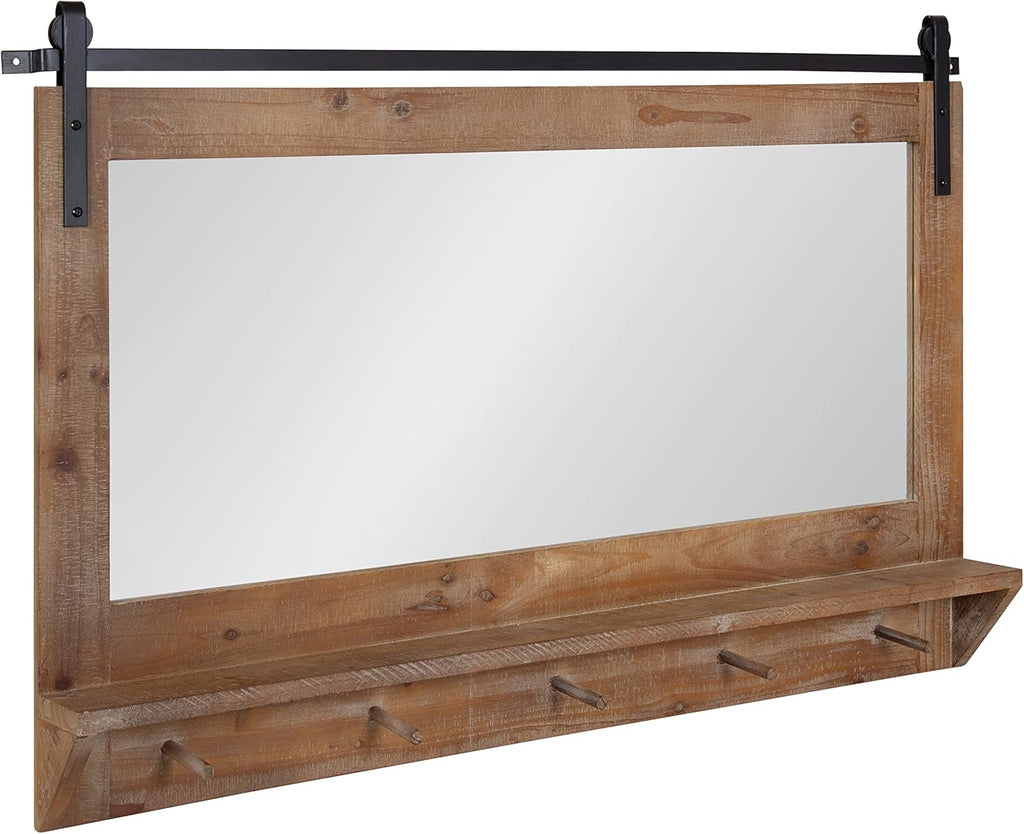 Rustic Brown Framed Wall Mirror with Shelf and Hooks E531150