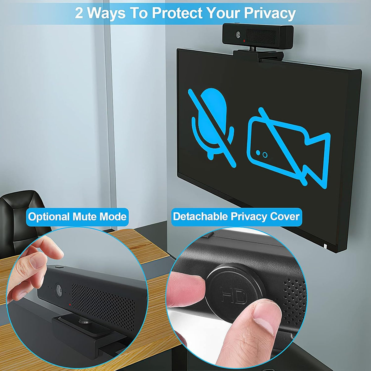 Full HD 1080P USB Webcam with 4 Built-in Microphones and Speaker, Magnetic Privacy Cover, Pack of 2 B60448