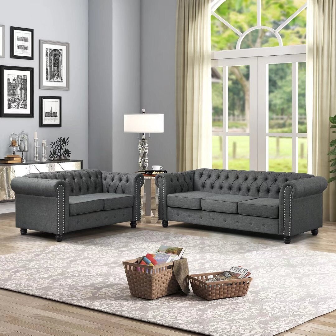 Tufted Upholstered Chesterfield Loveseat and Sofa 2 PCS Fabric Linen Beige C1400