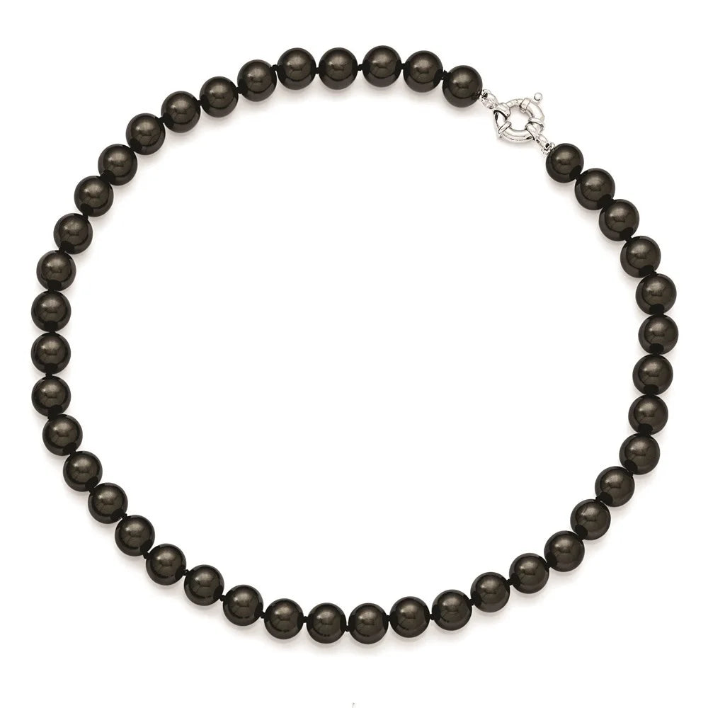 925 Sterling Silver Rhodium-plated 10-11 mm Black Imitation Shell Pearl Hand-knotted Necklace 18" F7313
