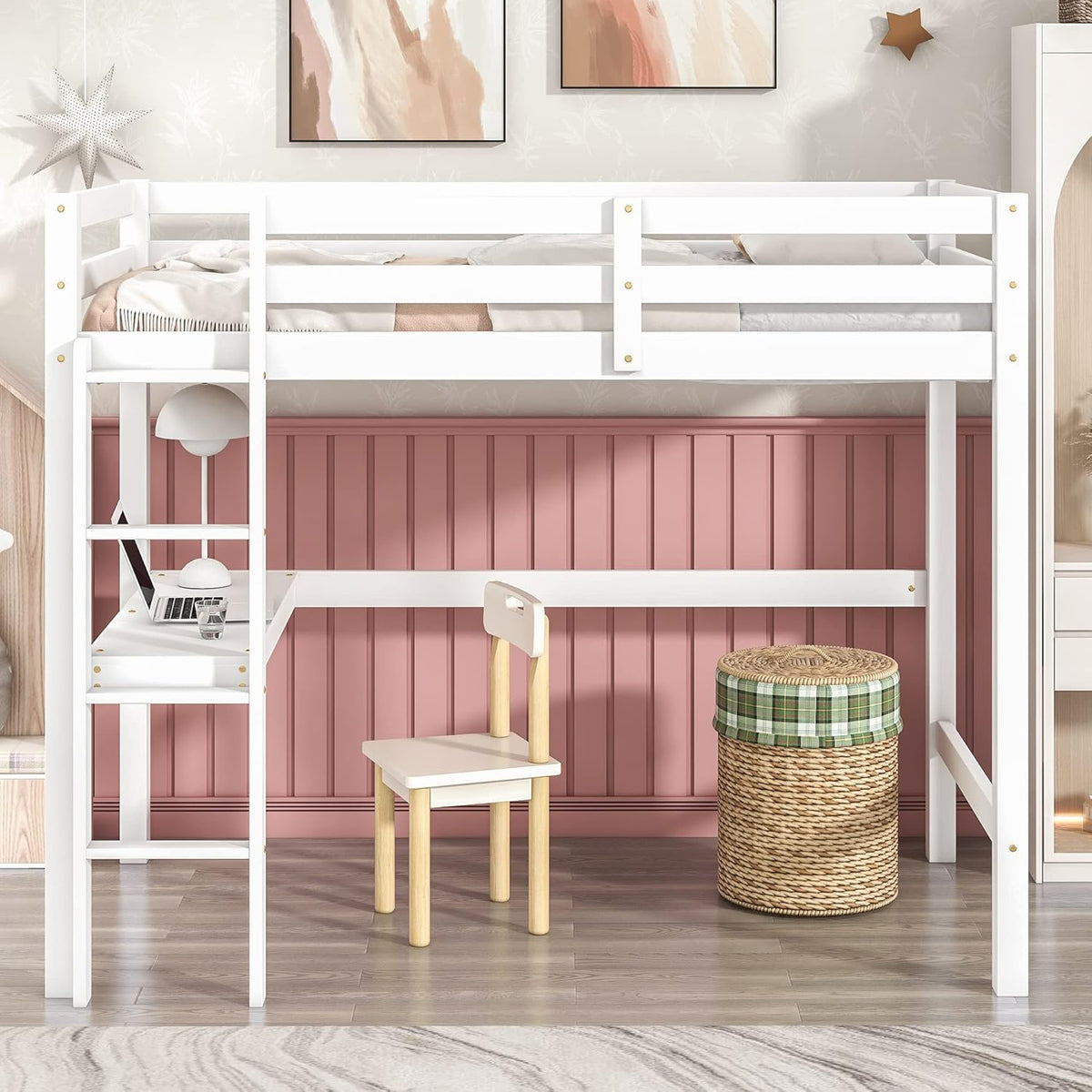 White Twin Size Loft Bed with Desk and Ladder M176177