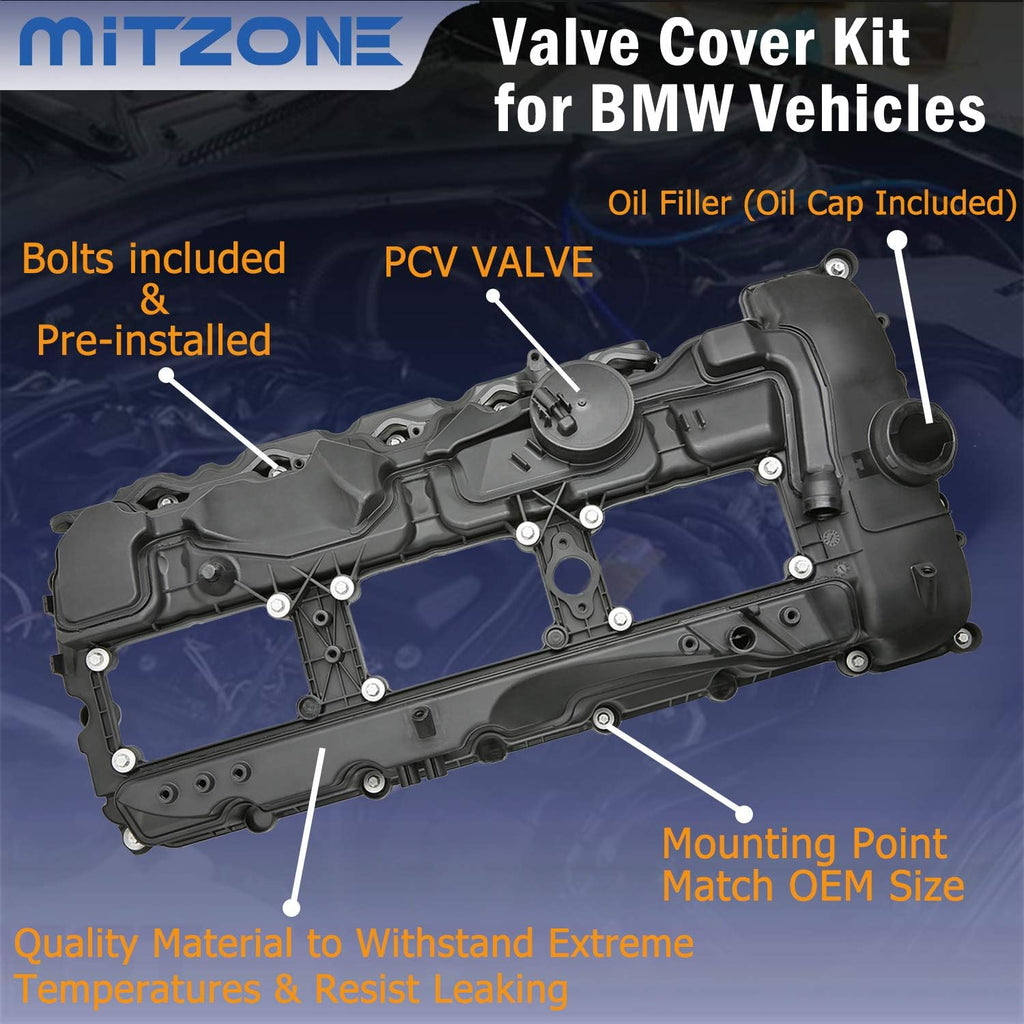 N55 Engine Valve Cover with Gasket Bolts Kit & Oil Cap V56321