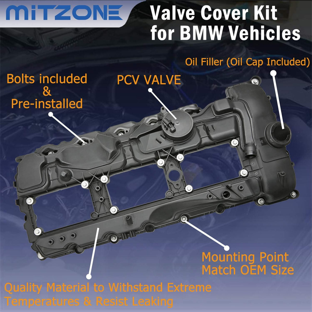 N55 Engine Valve Cover with Gasket Bolts Kit & Oil Cap V56321