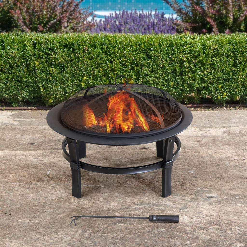 Black Steel Outdoor Fire Pit with Spark Screen and Fire Poker Z89779