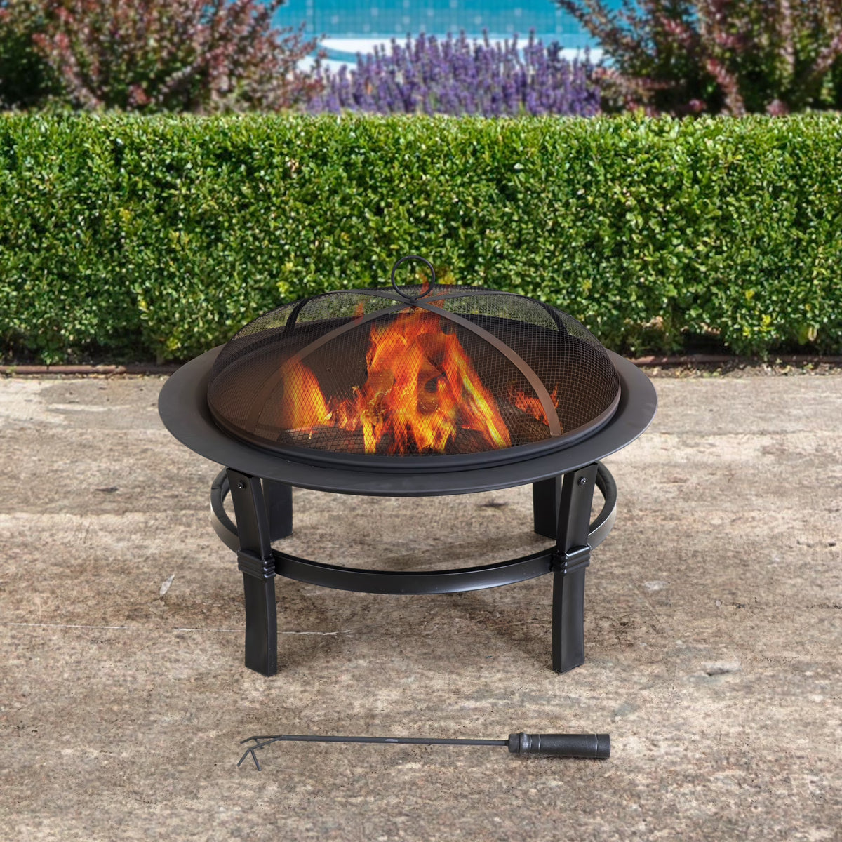 Black Steel Outdoor Fire Pit with Spark Screen and Fire Poker Z89779