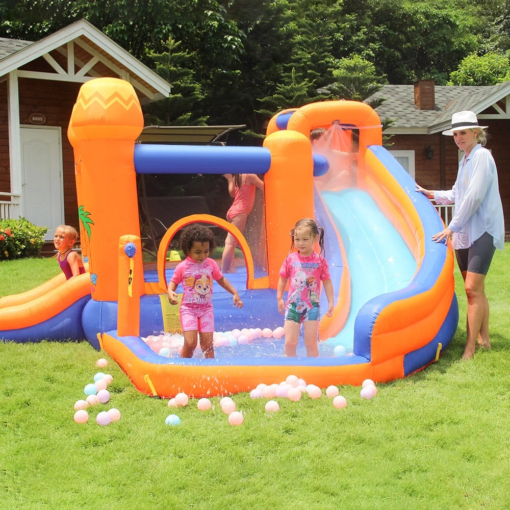 Inflatable Bounce House with 450W Blower, Stakes, Water Sprinkler, Splash Pool G9979