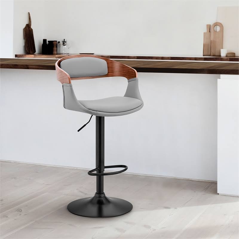 Gray Faux Leather and Walnut Wood Bar Stool with Black Base X675