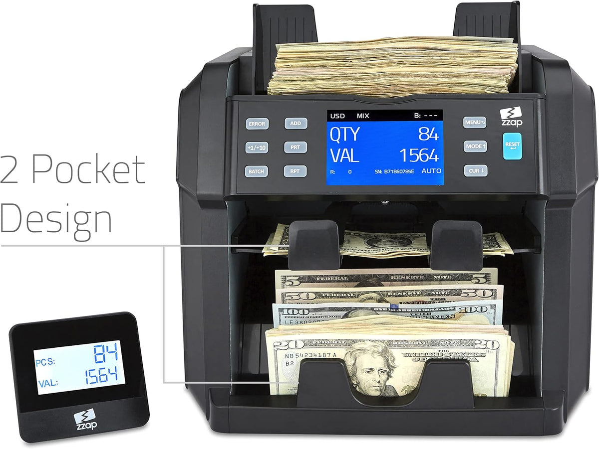 Mixed Denomination Bill Counter 2 Pocket Sorter Counterfeit Detector M1047