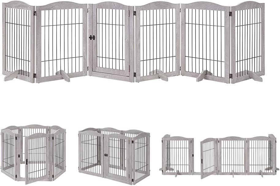 6 Panels Extra Wide Freestanding Walk Through Dog Gate with 4 Support Feet T55966