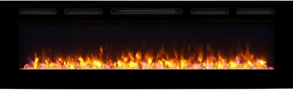 Recessed Electric Fireplace with Log Set and Crystal, 1500W Heater, Black F106646
