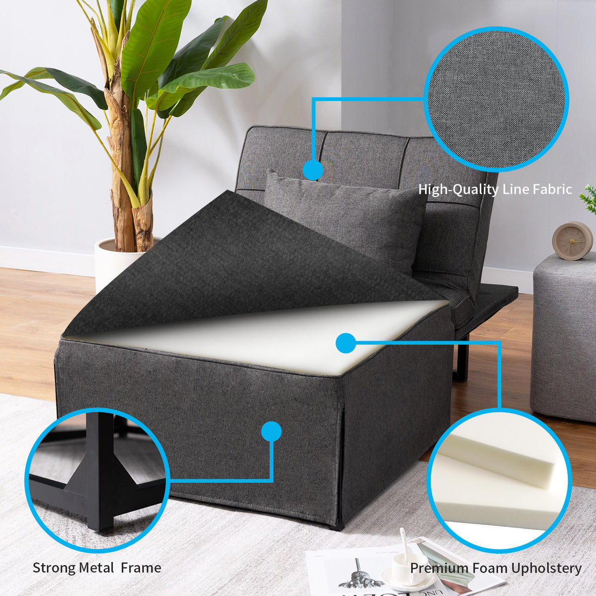 Dark Gray Linen Convertible Sofa Sleeper with Ottoman U215