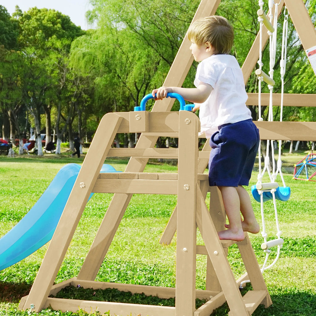 Wooden Swing Set with Slide and Climbing Rope F801415