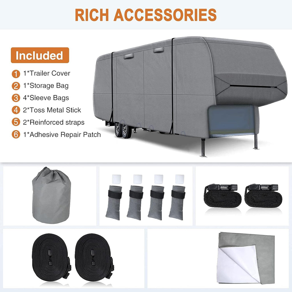 5th Wheel RV Cover Heavy Duty Camper Cover with 2Pcs Straps & Gutter Covers R354