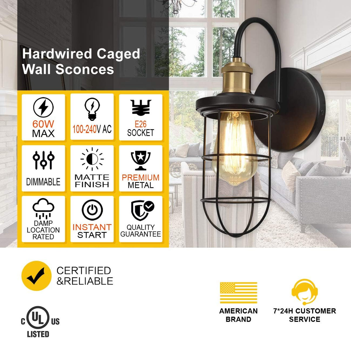 Farmhouse Wall Sconces with Cage Shade, Black and Gold, Set of Two N129