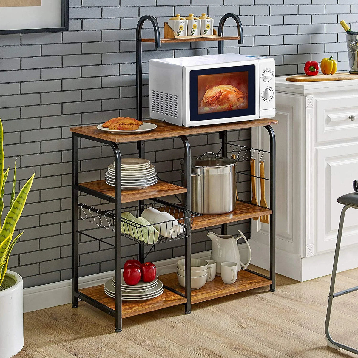 Vintage Kitchen Baker's Rack Utility Storage Shelf 35.5" Microwave Stand 3-Tier+4-Tier Shelf with 10 Hooks L6032