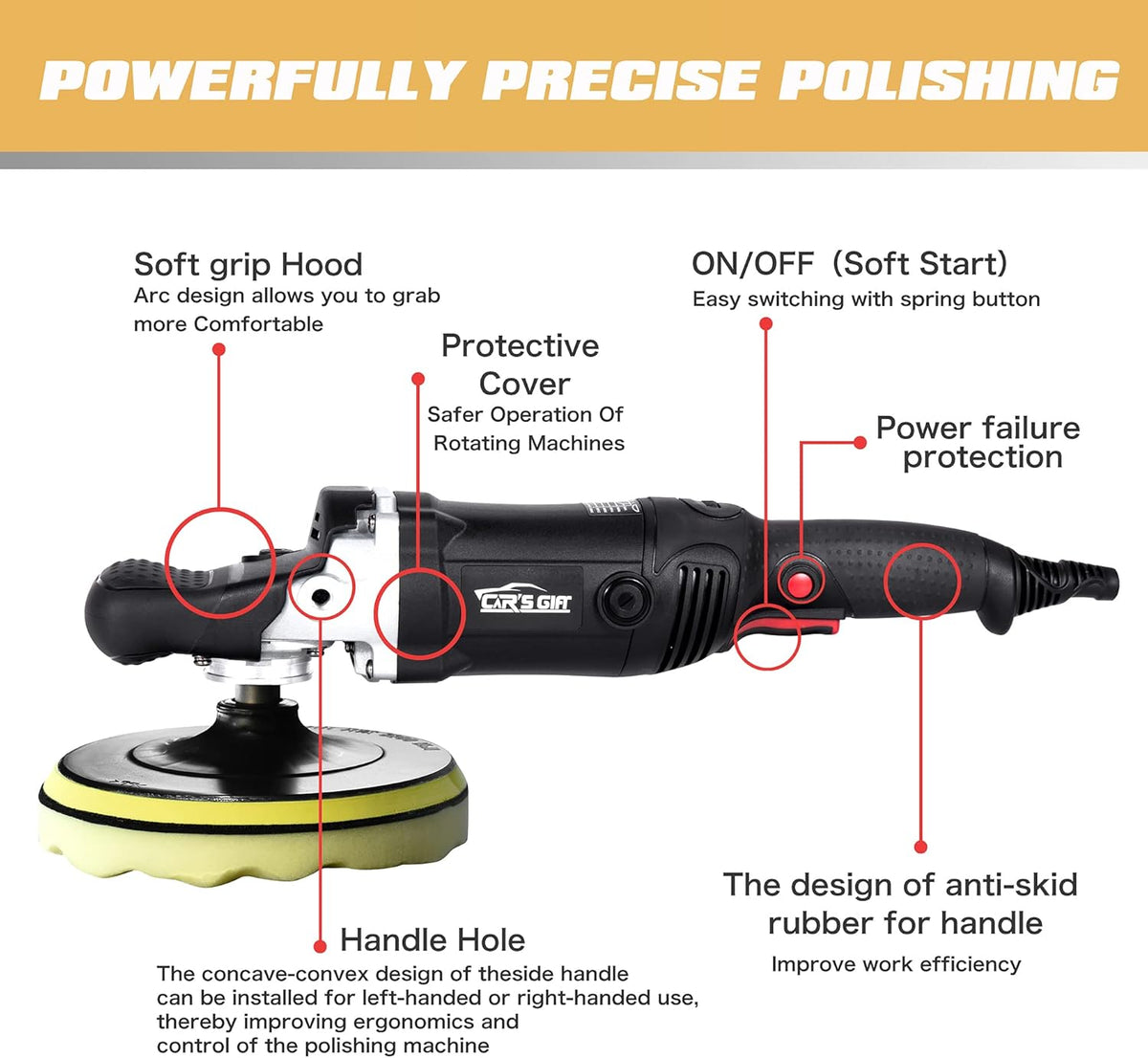 Rotary Polisher Waxer 7inch 1650W 6 Variable Speed 500-3000RPM H662