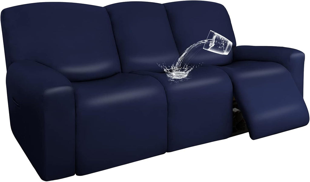 Navy PU Leather Recliner Sofa Slipcovers, 8 Pieces Stretch Furniture Protector L5631