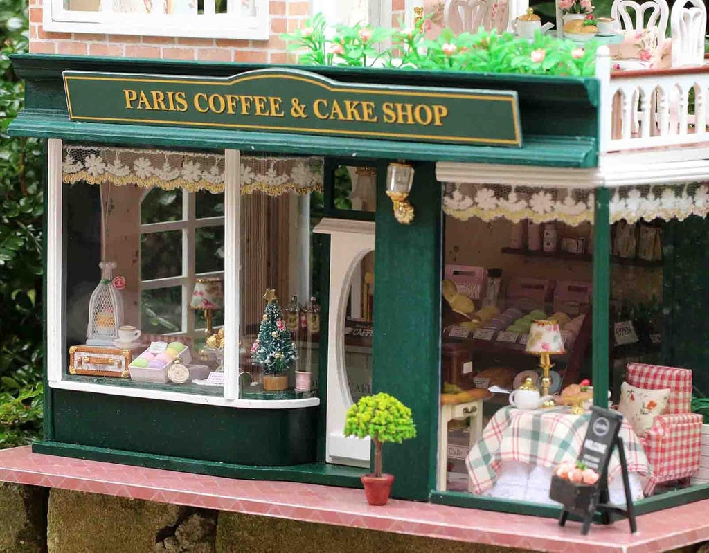 Paris Coffee & Cake Shop Wooden Dollhouse Miniatures DIY Kit with Led Light and Dust Cover Z777194