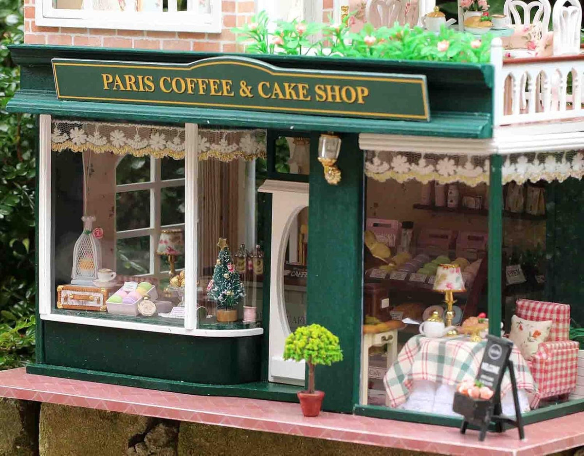 Paris Coffee & Cake Shop Wooden Dollhouse Miniatures DIY Kit with Led Light and Dust Cover Z777194