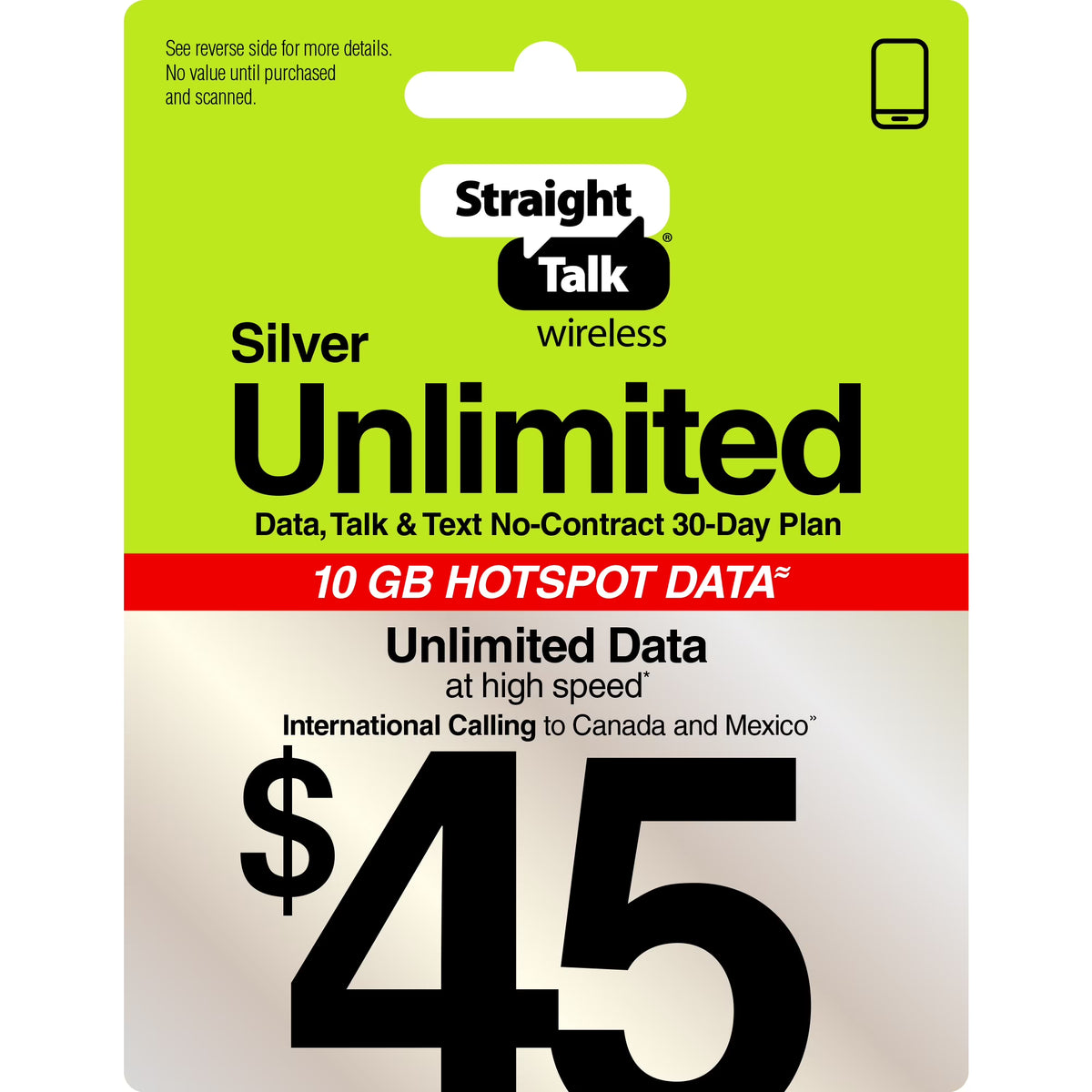 $45 Silver Unlimited 30-Day Prepaid Plan +10GB Hotspot Data + Int'l Calling e-PIN Top Up U50996