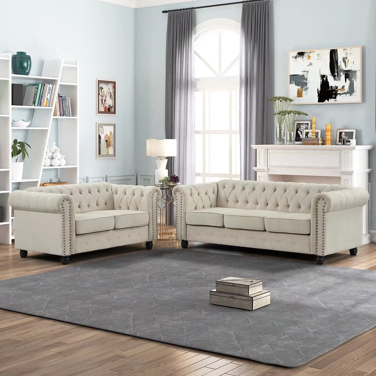 Tufted Upholstered Chesterfield Loveseat and Sofa 2 PCS Fabric Linen Beige C1400